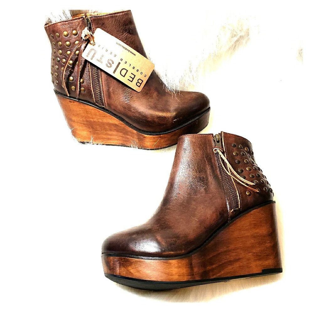 Bed Stu Brown Ankle Boots with Wooden Wedge